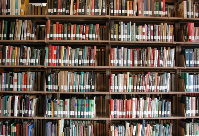 Rows of books on a college library bookshelf. They have library ID tags on the spine. Academic books.View my other photos of