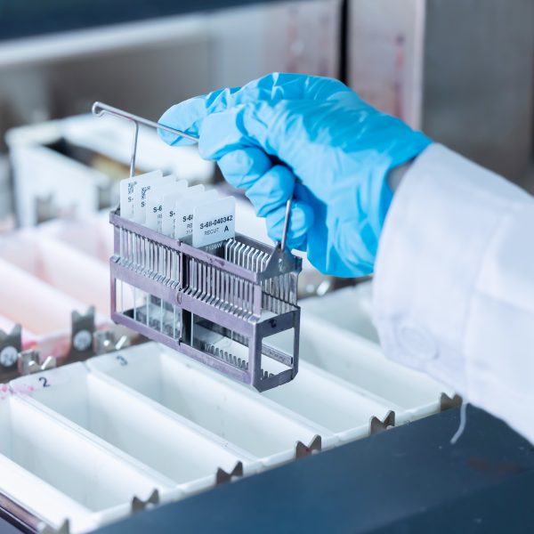 Caucasian laboratory pathologist using automatic multi slide stainer machine in a laboratory