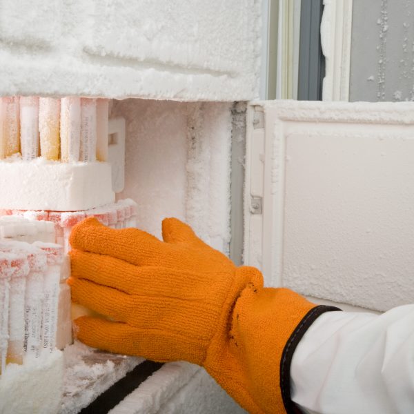 Cropped image of a researcher's arm retrieving medical samples from a freezer. Horizontal shot.